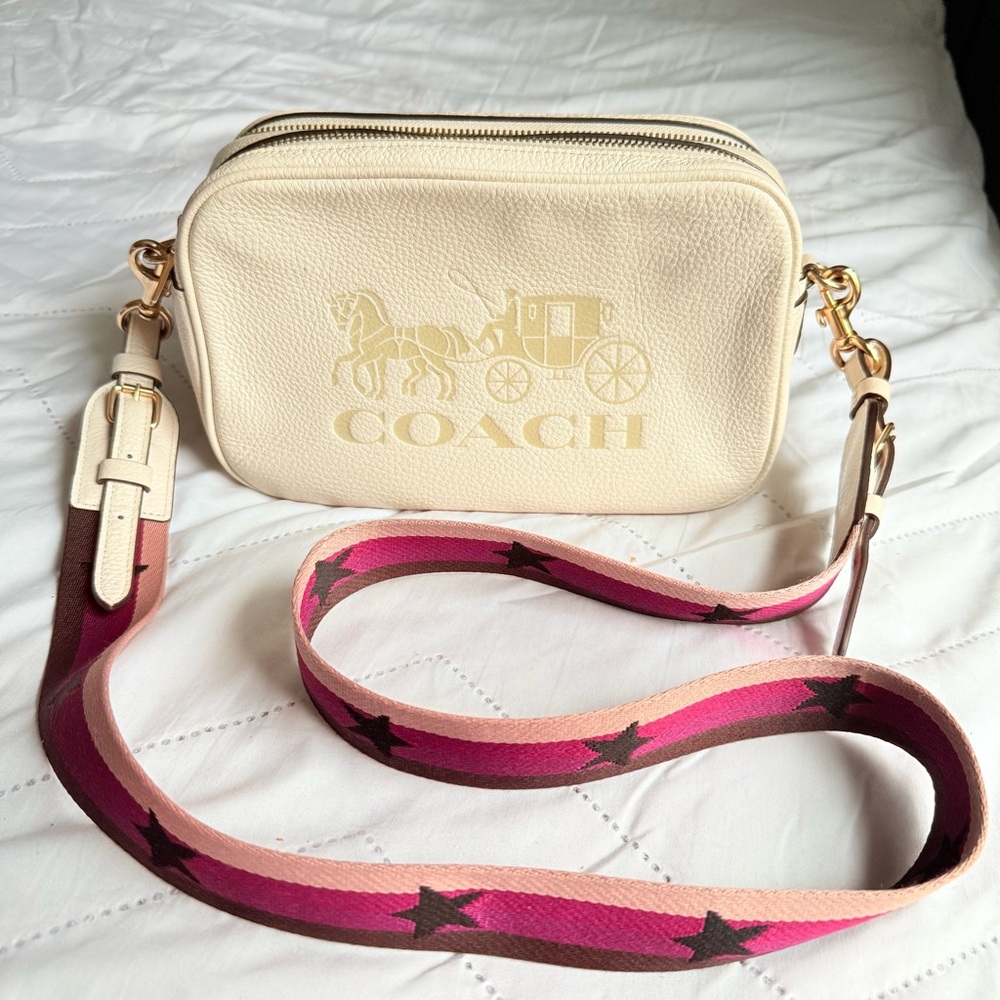 Coach Cream Crossbody Bag with Pink Strap